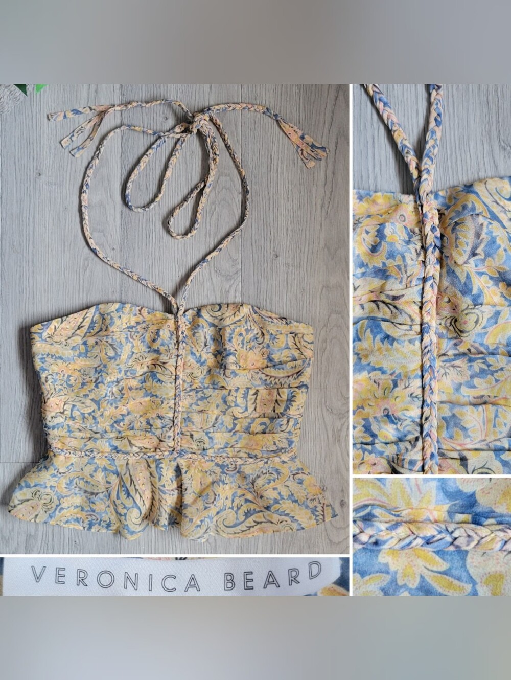 Veronica Beard Arienne 100% Silk Blue Yellow Paisley Gathered Peplum Halter, 00